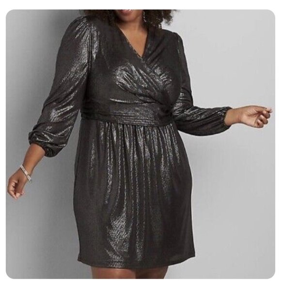 Lane Bryant Dresses & Skirts - Lane Bryant Metallic Silver Black Faux Wrap Holiday Party Dress Plus Size 26 NWT